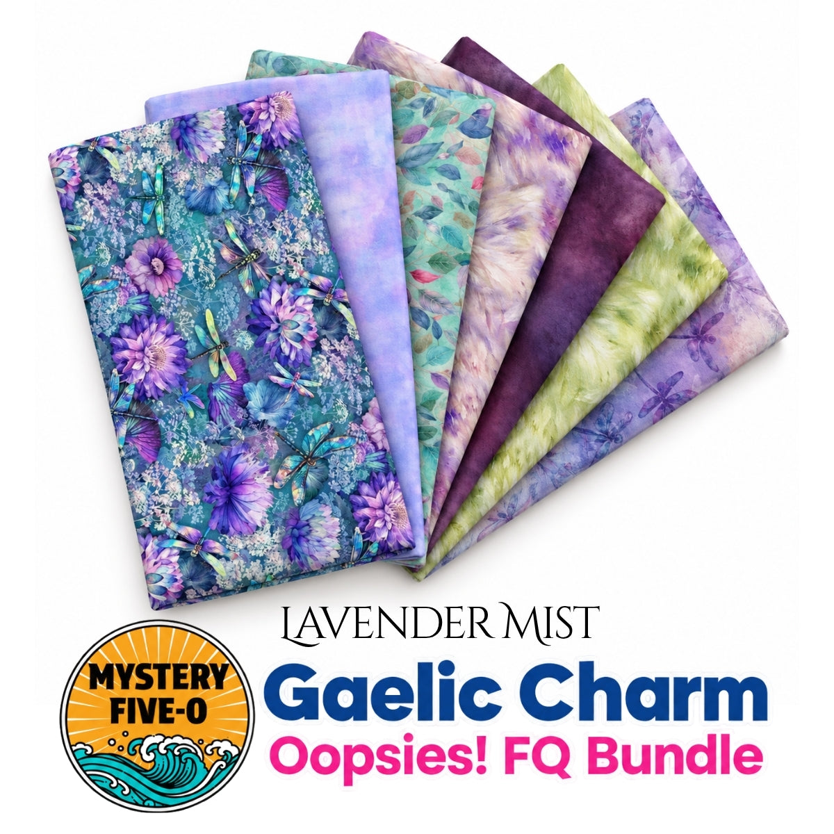 Mystery Five-0 Lavender Mist Oopsies fat quarter bundle with purple lavender assorted fabrics