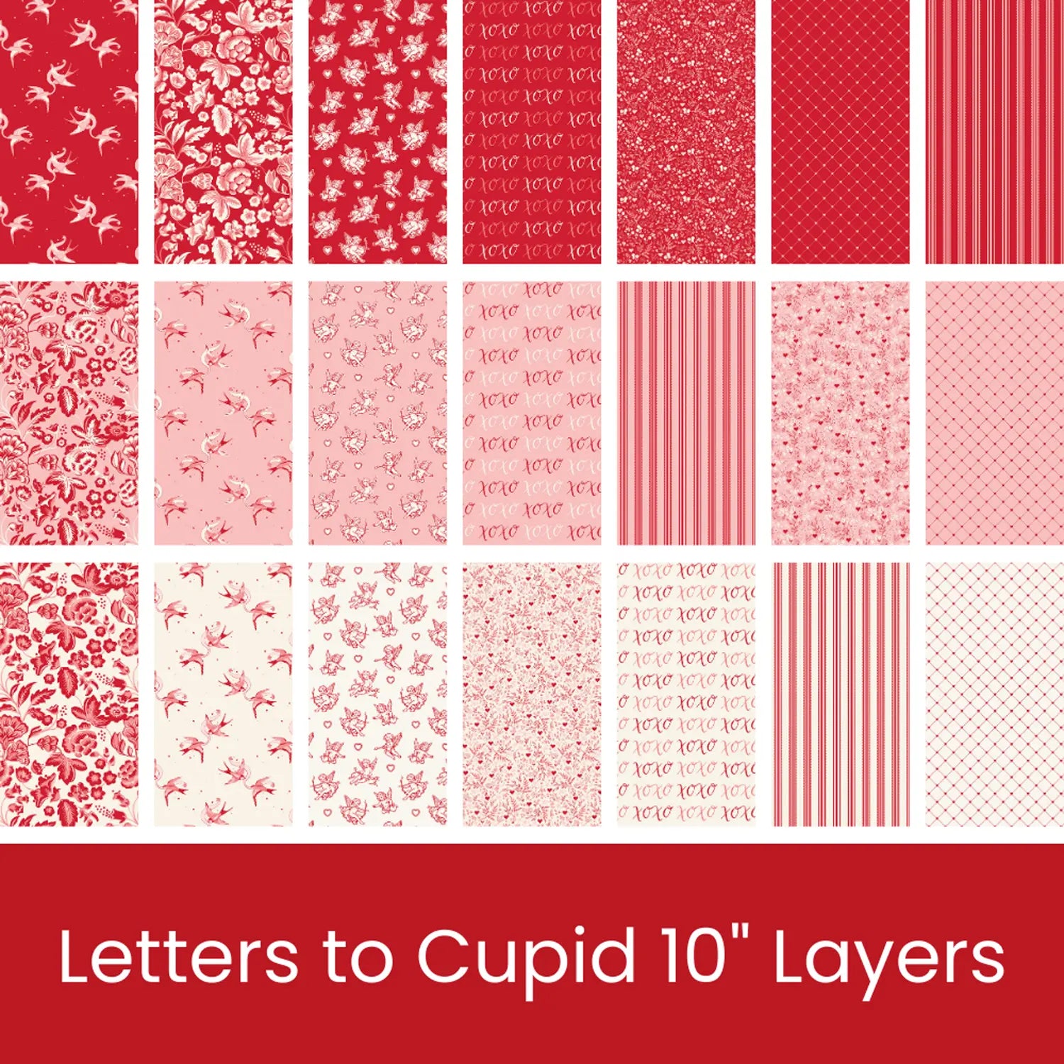 Set of twenty pink, red, and white patterned 10" fabric squares from the Letters to Cupid collection by Riley Blake, featuring floral, heart, and script designs. Displayed in four rows. Text below: Letters to Cupid 10" Stacker.