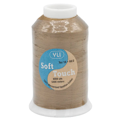 YLI Soft Touch cotton thread light taupe spool label detail