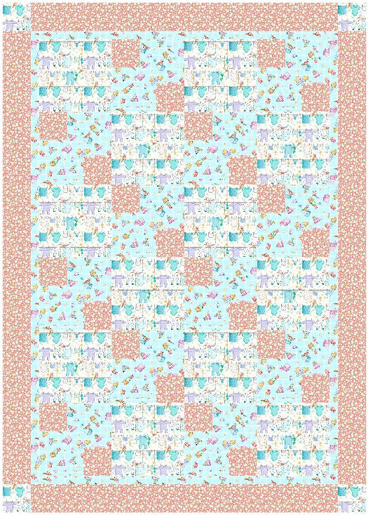 The Quilted Joy Little Ones Quilt Kit features a pastel patchwork nursery quilt with a blue background, large pink floral squares, and blocks of floral, animal, and geometric patterns bordered by pink floral fabric.