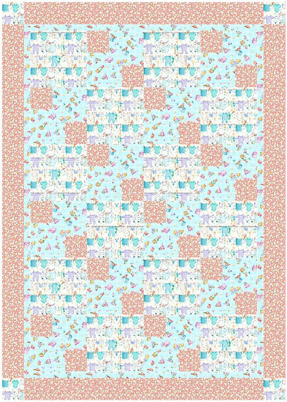 The Quilted Joy Little Ones Quilt Kit features a pastel patchwork nursery quilt with a blue background, large pink floral squares, and blocks of floral, animal, and geometric patterns bordered by pink floral fabric.