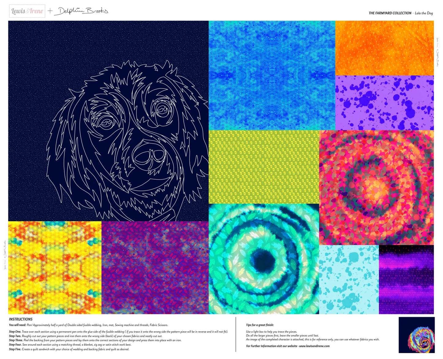 Farmyard Lola the Dog Collage Panel: A digital collage with a line drawing of a dog's face on blue, surrounded by vibrant mosaic patterns—ideal inspiration for textile artists creating digitally printed panels.