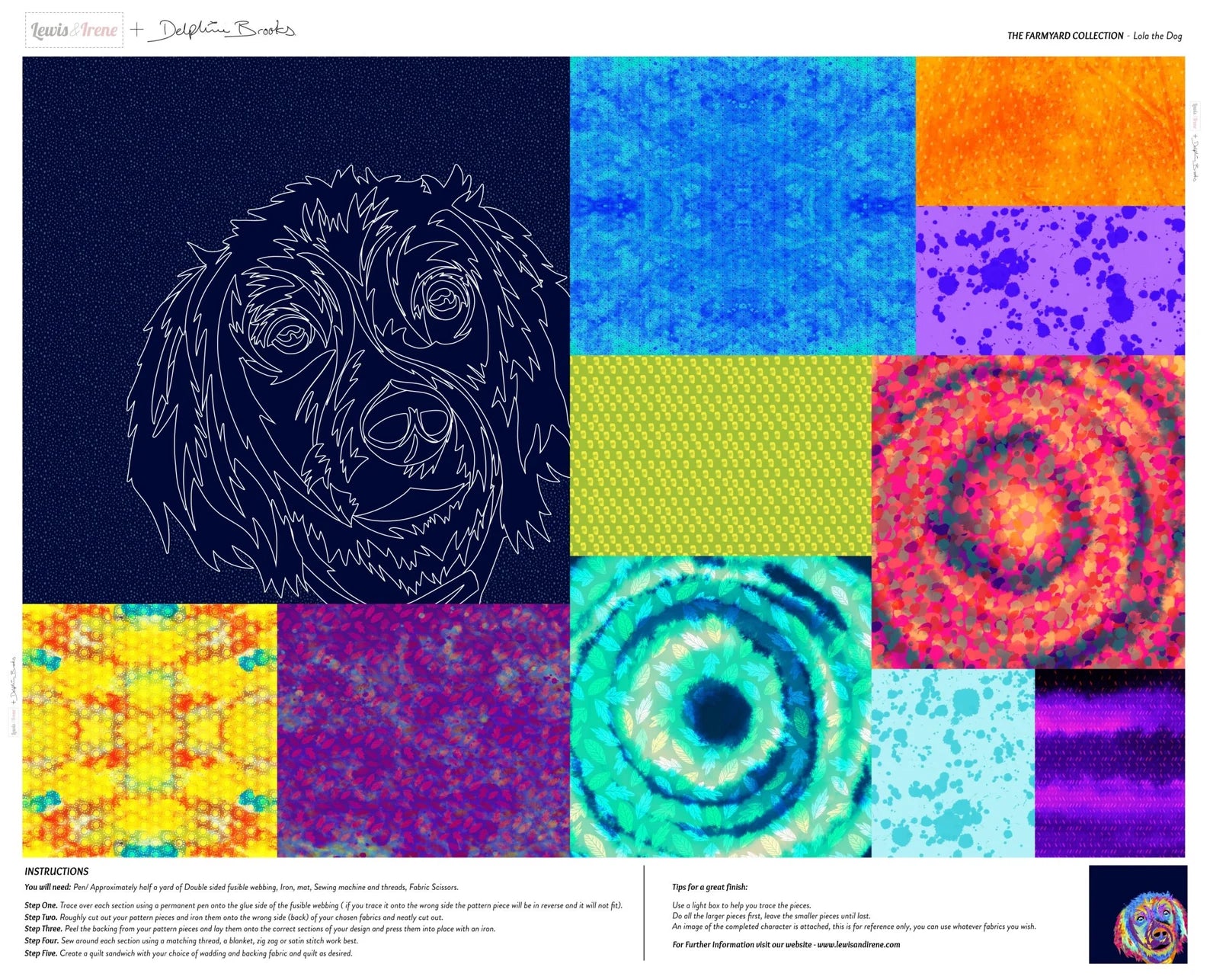 Farmyard Lola the Dog Collage Panel: A digital collage with a line drawing of a dog's face on blue, surrounded by vibrant mosaic patterns—ideal inspiration for textile artists creating digitally printed panels.