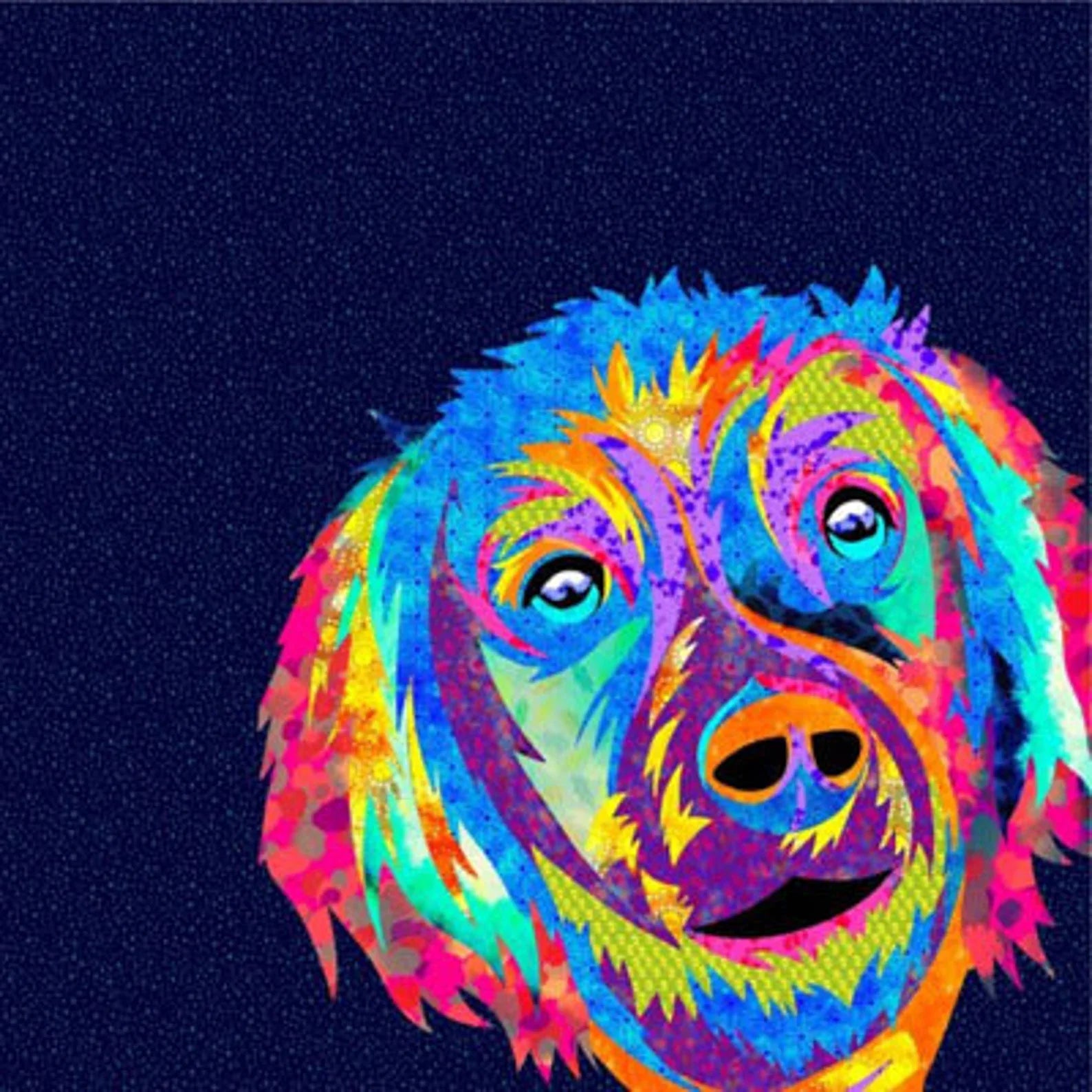 The Farmyard Collage Wall Hanging by Quilted Joy features a vibrant, abstract dog’s face in bold blues, purples, reds, and yellows on a dark dotted backdrop. Decorative stitching evokes fabric art and enhances the dog’s cheerful look.