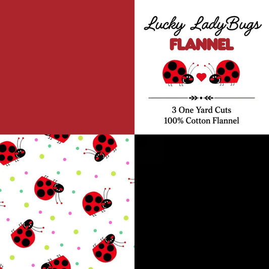 Lucky Ladybugs flannel fabric 3 yard bundle with bright ladybug print