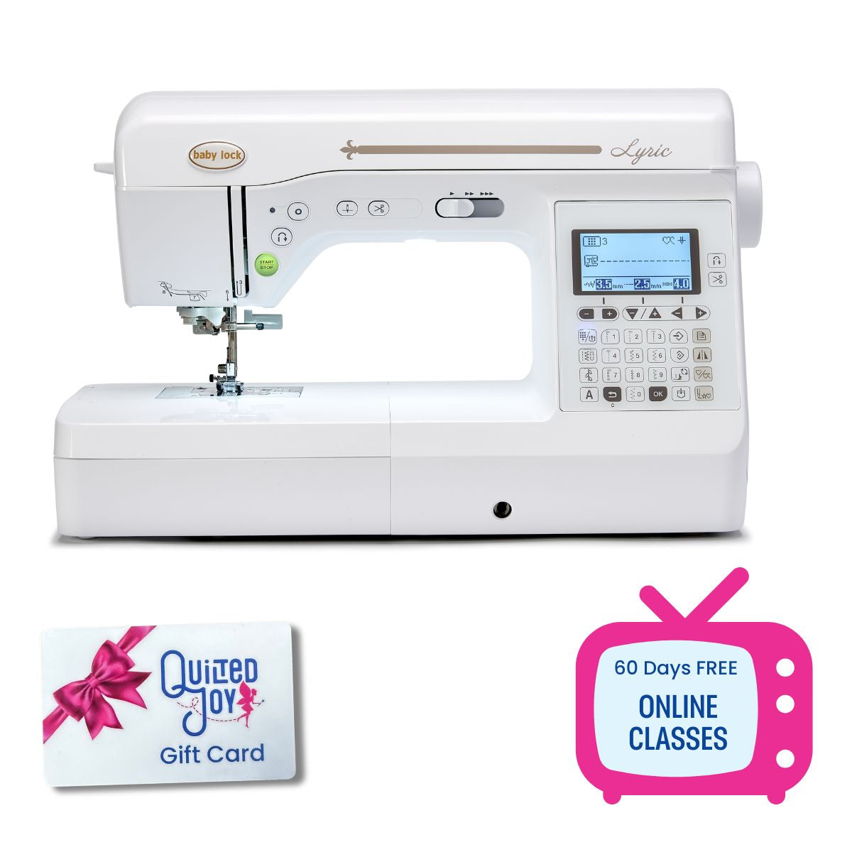 The Baby Lock Lyric Sewing and Quilting Machine features a digital screen and buttons, shown with a Quilted Joy gift card, 60 days of free online classes, and details about a Black Friday Bonus Bundle.