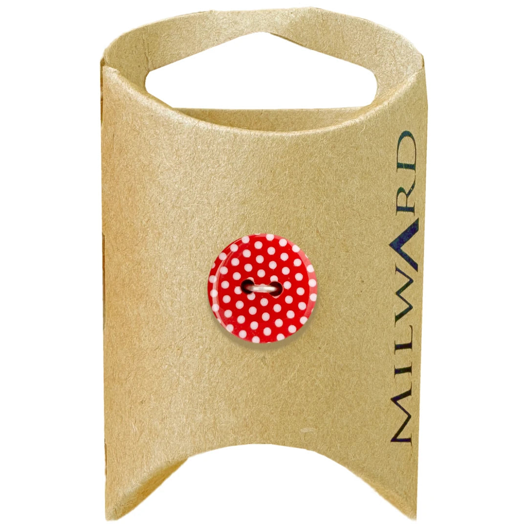 Milward Green Carded Red 15mm (24L) Nylon 2-Hole Polka Dot Button