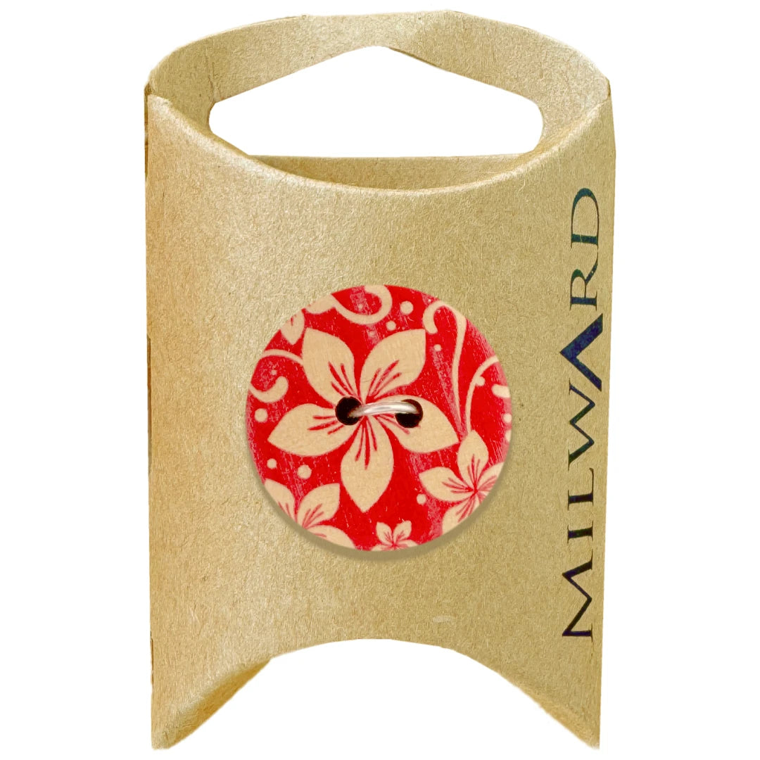 Milward Green Carded Red White 25mm (40L) Wooden 2-Hole Flower Printed Button