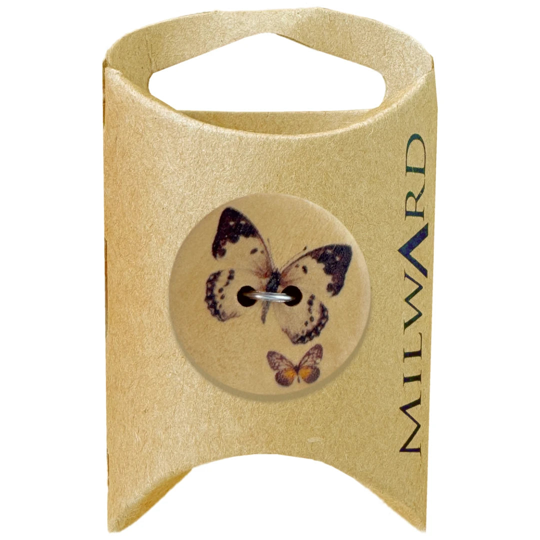 Milward Green Carded Light Brown 25mm (40L) Wooden 2-Hole Butterfly Print Button