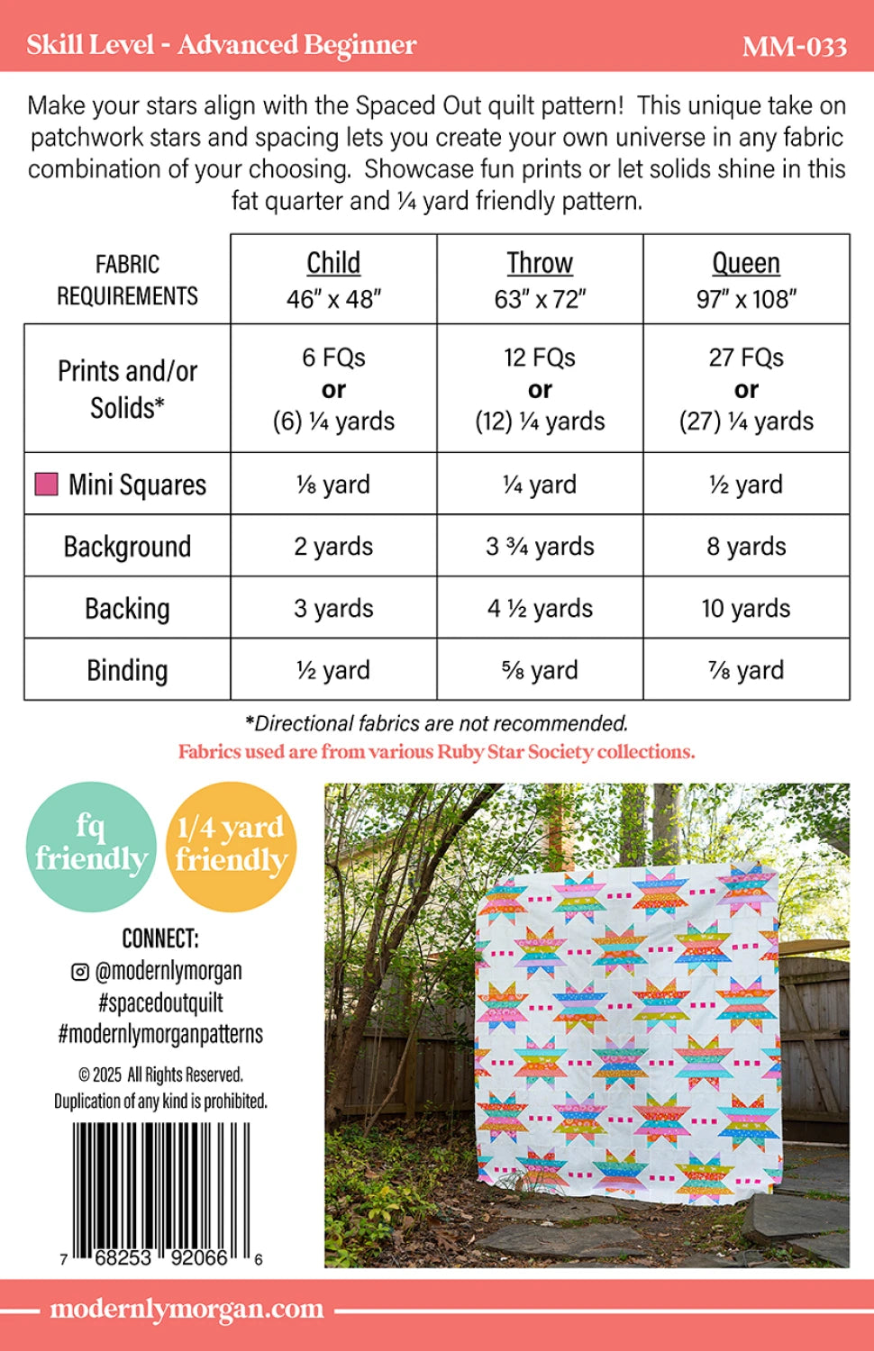 Spaced Out Quilt Pattern fabric requirements chart for Child, Throw, and Queen sizes, with a photo of the vibrant star galaxy quilt displayed outdoors. Chart lists fabric needed for mini squares, background, backing, and binding.