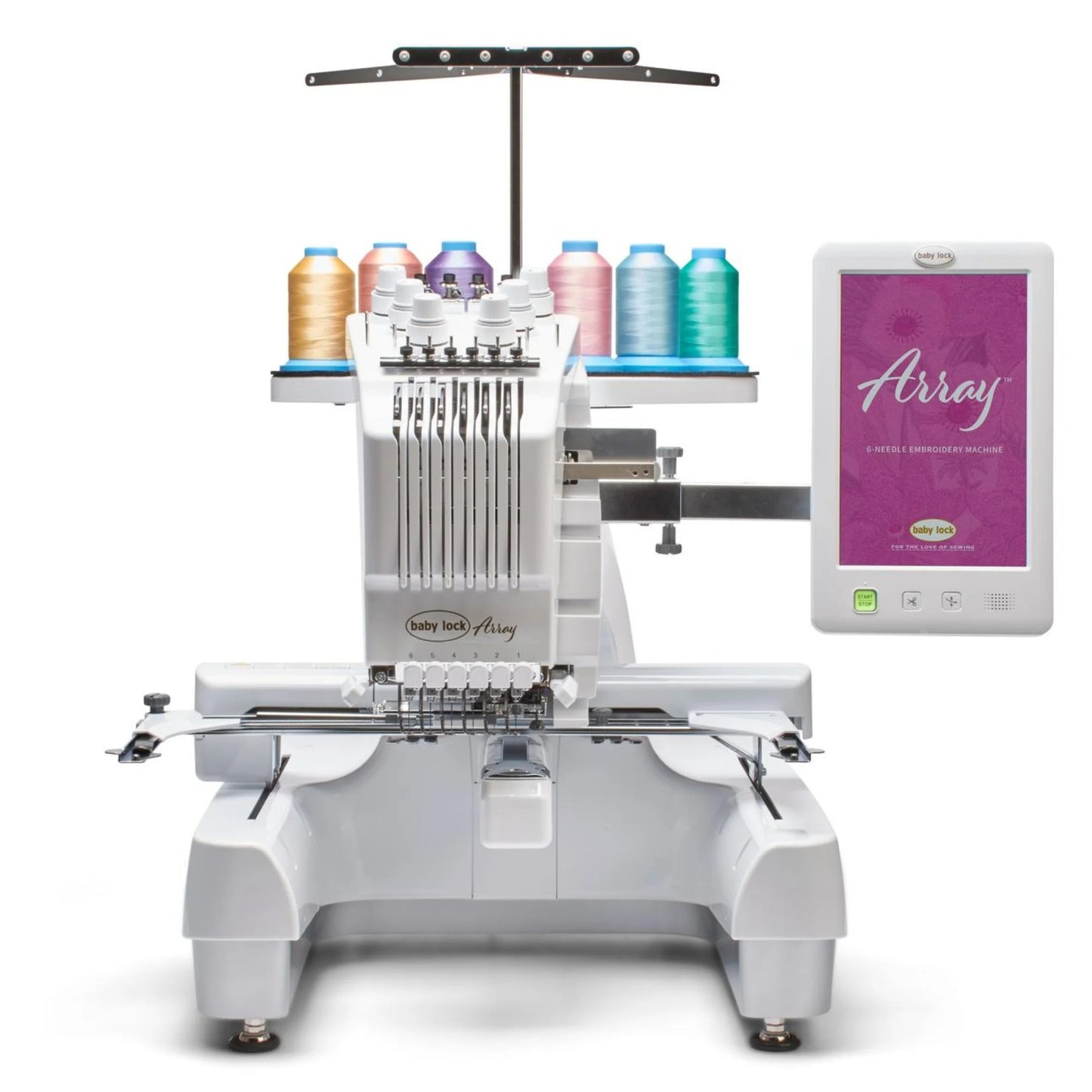 The Baby Lock Array 6 Needle Embroidery Machine features colorful thread spools, a digital touchscreen display labeled "Array," various mechanical parts, and a crosshair laser for precise embroidery designs.