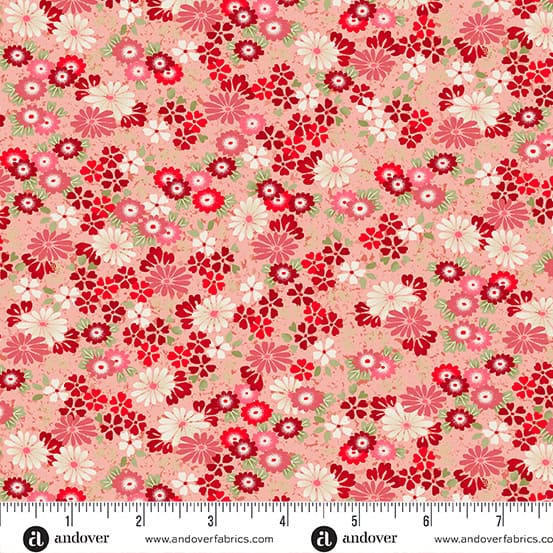 Kasumi Red Floating Flowers Metallic Fabric Yardage Product Photo