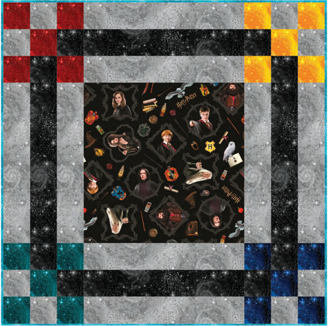 A quilt square with a Harry Potter-themed center, gray and black borders, and colorful corners—crafted using the Magical Moments Quilt Kit with Backing by Quilted Joy.