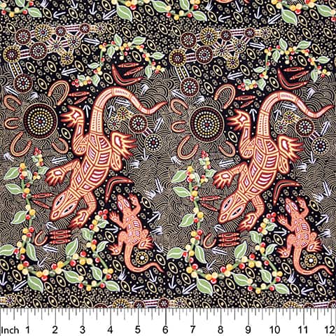 Man and Goanna Black Fabric Yardage