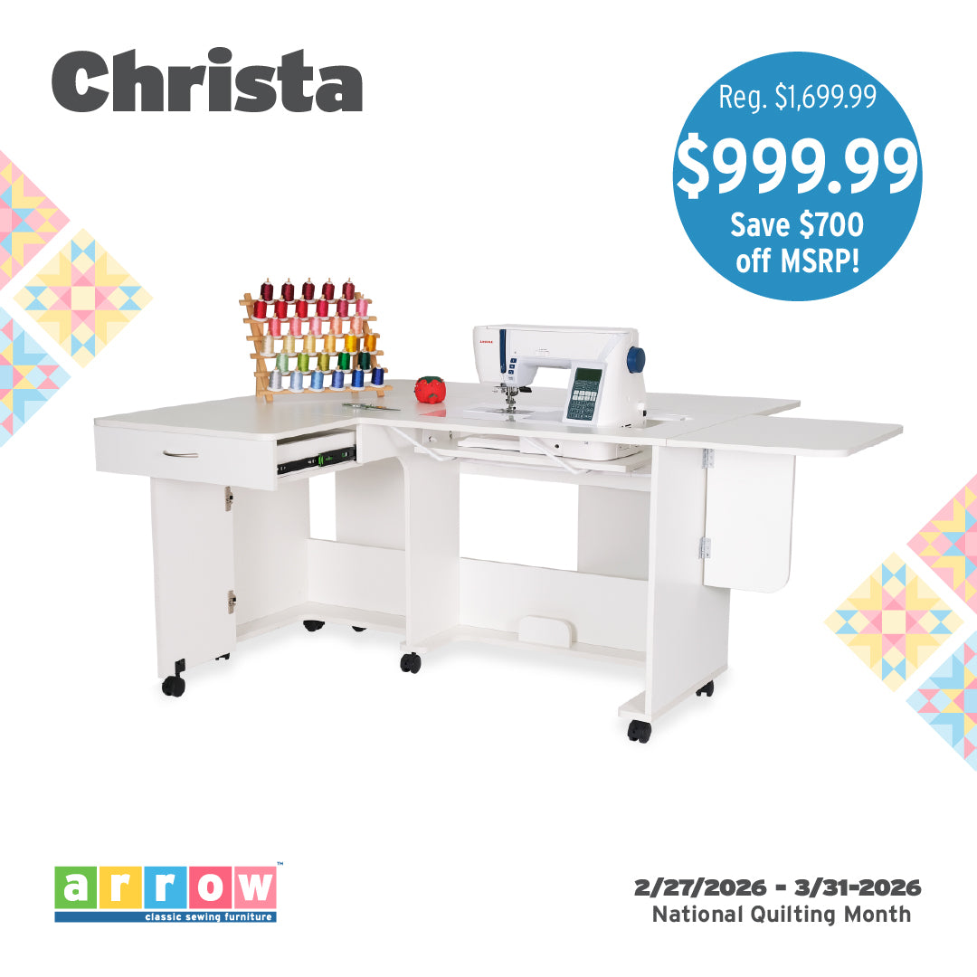 The Arrow Christa Sewing and Quilting Machine Cabinet by Arrow Companies, LLC features organized storage, adjustable lift, and space for your sewing machine and thread. Now $999.99—save $700 off MSRP during National Quilting Month!.