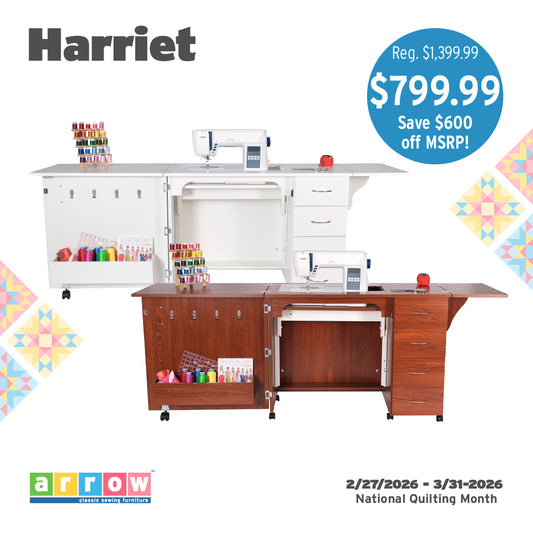 Arrow Harriet Sewing and Quilting Machine Cabinets by Arrow Companies, LLC offer generous storage and a hydraulic lift. Vibrant threads shown. Sale: $799.99, save $600 off MSRP, 2/27/2026–3/31/2026 for National Quilting Month. Arrow logo included.