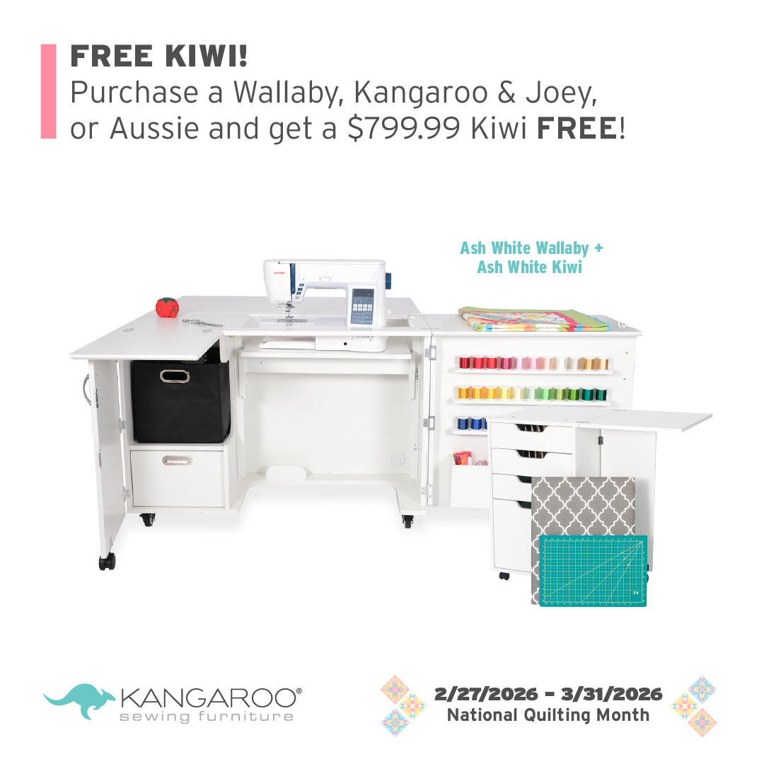 The Quilted Joy Kangaroo Wallaby Sewing Cabinet Set (available in 2 colors) features a sewing machine, colorful threads, storage spaces, and a Dual Rail Electric Lift. Buy between 2/27/2026–3/31/2026 for a free Kiwi unit.
