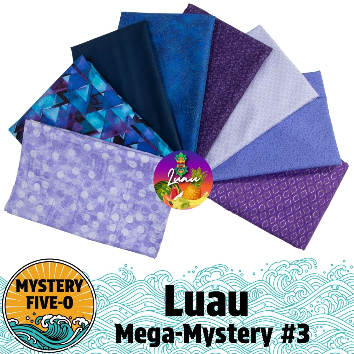 A vibrant set of fabrics from Quilted Joy’s Mega Mystery Purple Luau—perfect for starting your own purple quilt kit or adding flair to a Mega Mystery Luau quilt.