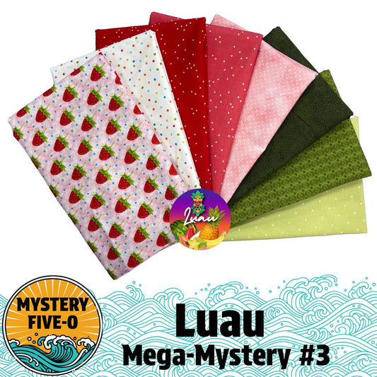 Eight folded fabric pieces in pink, red, white, and green patterns are arranged in a fan shape with a “Mystery Five-0 Mega Mystery Luau Berry Sweet” label by Quilted Joy—perfect for your next mega mystery quilt kit project.