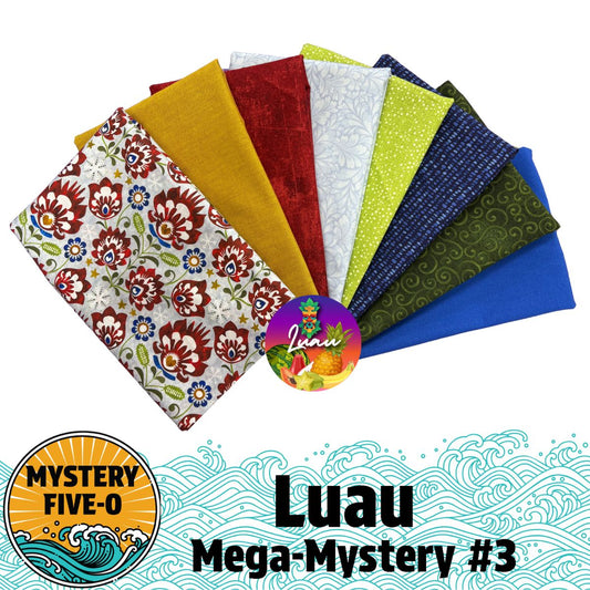 Eight vibrant fabric pieces—floral, textured, and solid—are fanned out. Below, “Mystery Five-0 Mega Mystery Luau Winterberry Sky” by Quilted Joy appears with wave and tropical graphics for a fun mystery quilt adventure.