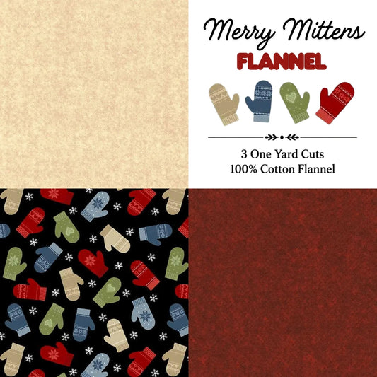 Merry Mittens flannel fabric 3 yard bundle with festive holiday mitten design