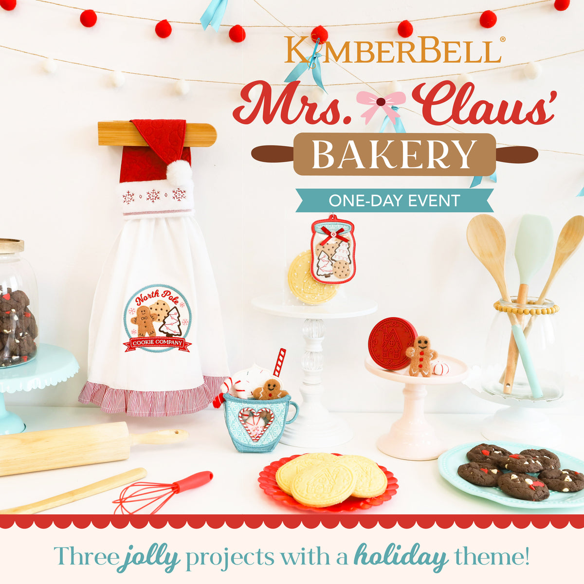 Kimberbell Mrs Claus Bakery one-day embroidery event with holiday apron potholder and mug