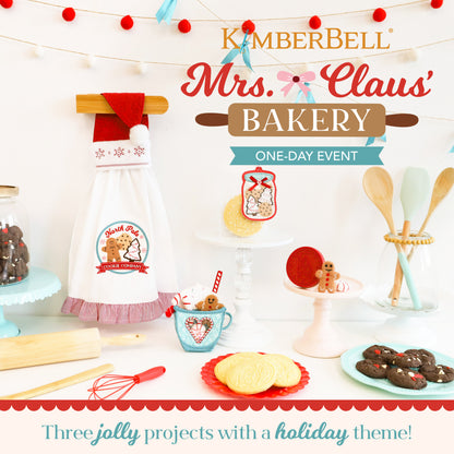 Kimberbell Mrs Claus Bakery one-day embroidery event with holiday apron potholder and mug