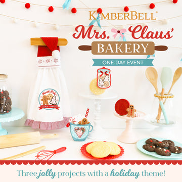 Kimberbell Mrs Claus Bakery one-day embroidery event with holiday apron potholder and mug