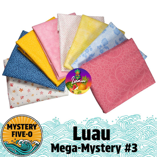 A fan-shaped array of vibrant fabric squares in pinks, yellows, blues, and florals showcases the Quilted Joy Mystery Five-0 Mega Mystery Luau Golden Flowers quilt kit with tropical wave accents.