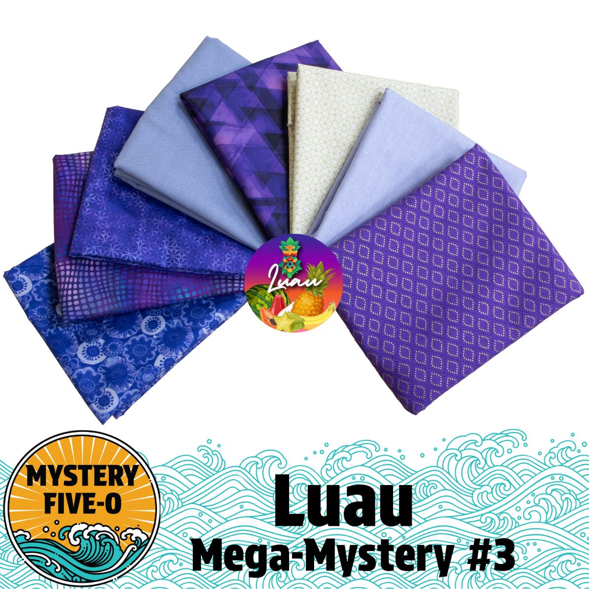 Nine folded fabrics in blue and purple patterns are arranged in a fan shape. Text reads "Mystery Five-0 Mega Mystery Luau Purpleicious" by Quilted Joy—perfect for mystery quilt kits or fans of Hawaiian designs.