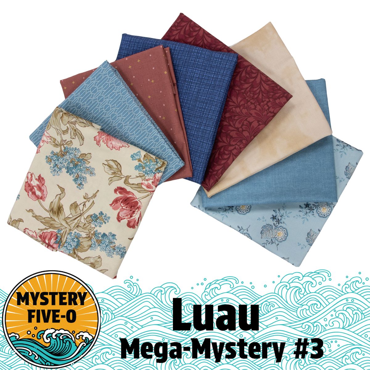 Nine neatly folded fabric squares in blue and blush botanicals are fanned out. Text reads Mystery Five-0 Mega Mystery Luau by Quilted Joy—perfect for your next quilting mystery bundle or Hawaiian quilt kit.