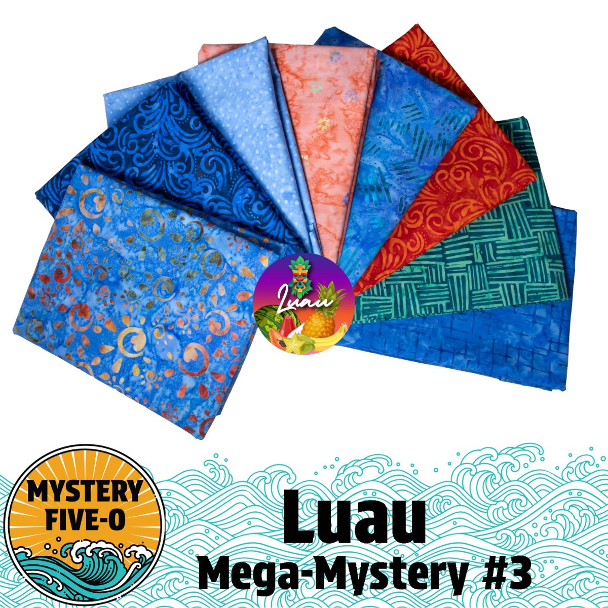 A vibrant fan-shaped display of blue, orange, red, and green patterned fabric squares. Text reads "Mystery Five-0 Mega Mystery Luau Scuba Dive" by Quilted Joy—dive into this exciting quilting mystery bundle!.