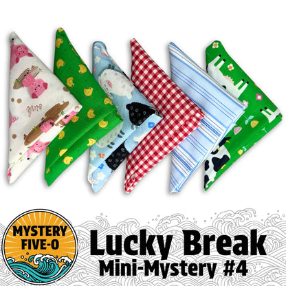 Six vibrant, triangle-shaped fabric fat quarters from Quilted Joy’s Mystery Five-O Barnyard Friends "Lucky Break" Quilt Kit are displayed above the “Lucky Break Mini-Mystery #4” label and a round logo with waves and a sun.