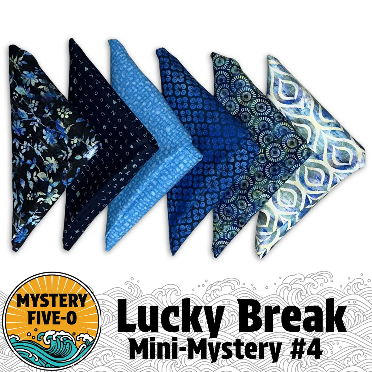 Five fabric squares in ocean blues from the Quilted Joy Mystery Five-O Ocean Blues "Lucky Break" Fat Quarter Bundle are arranged in a row, alongside the Mystery Five-O logo—ideal for your next quilting or fat quarter project.