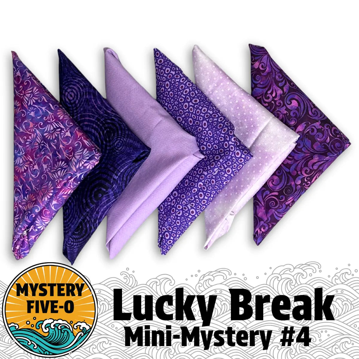 Five folded purple and lavender fabric pieces from Quilted Joy's Mystery Five-O Purple Bliss "Lucky Break" Fat Quarter Bundle are arranged in a row—perfect for your next mystery quilt project! Wave and sunset logo in the corner.