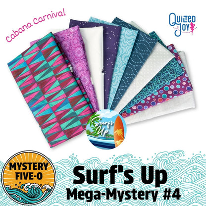 Eight folded quilting fabrics in turquoise, purple, white, and magenta patterns are fanned out. The text reads “Mystery Five-0 Mega Mystery Surfs Up Cabana Carnival Fabric Bundle” by Quilted Joy with beach and wave graphics.