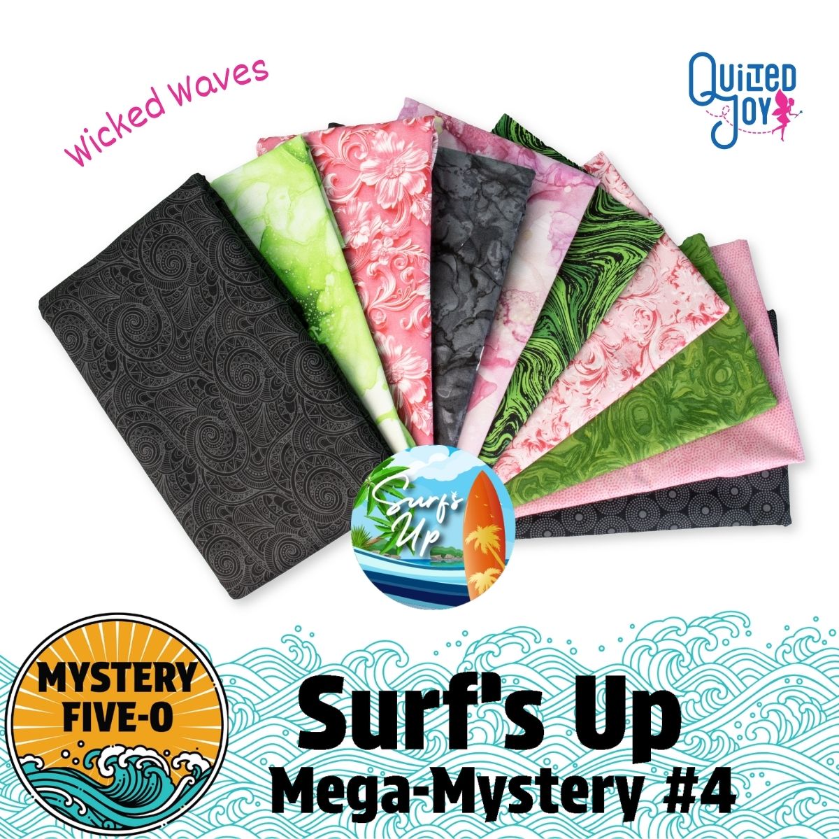 A vibrant semi-circle of pink, green, and black fabric quarters from the Quilted Joy Mystery Five-0 Mega Mystery Surfs Up Wicked Waves Fabric Bundle, hinting at an exciting mystery quilt kit adventure.