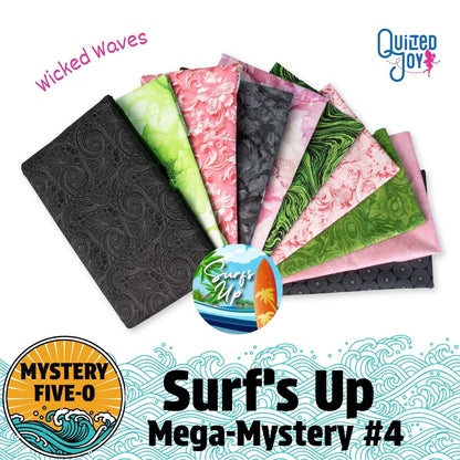 A vibrant semi-circle of pink, green, and black fabric quarters from the Quilted Joy Mystery Five-0 Mega Mystery Surfs Up Wicked Waves Fabric Bundle, hinting at an exciting mystery quilt kit adventure.