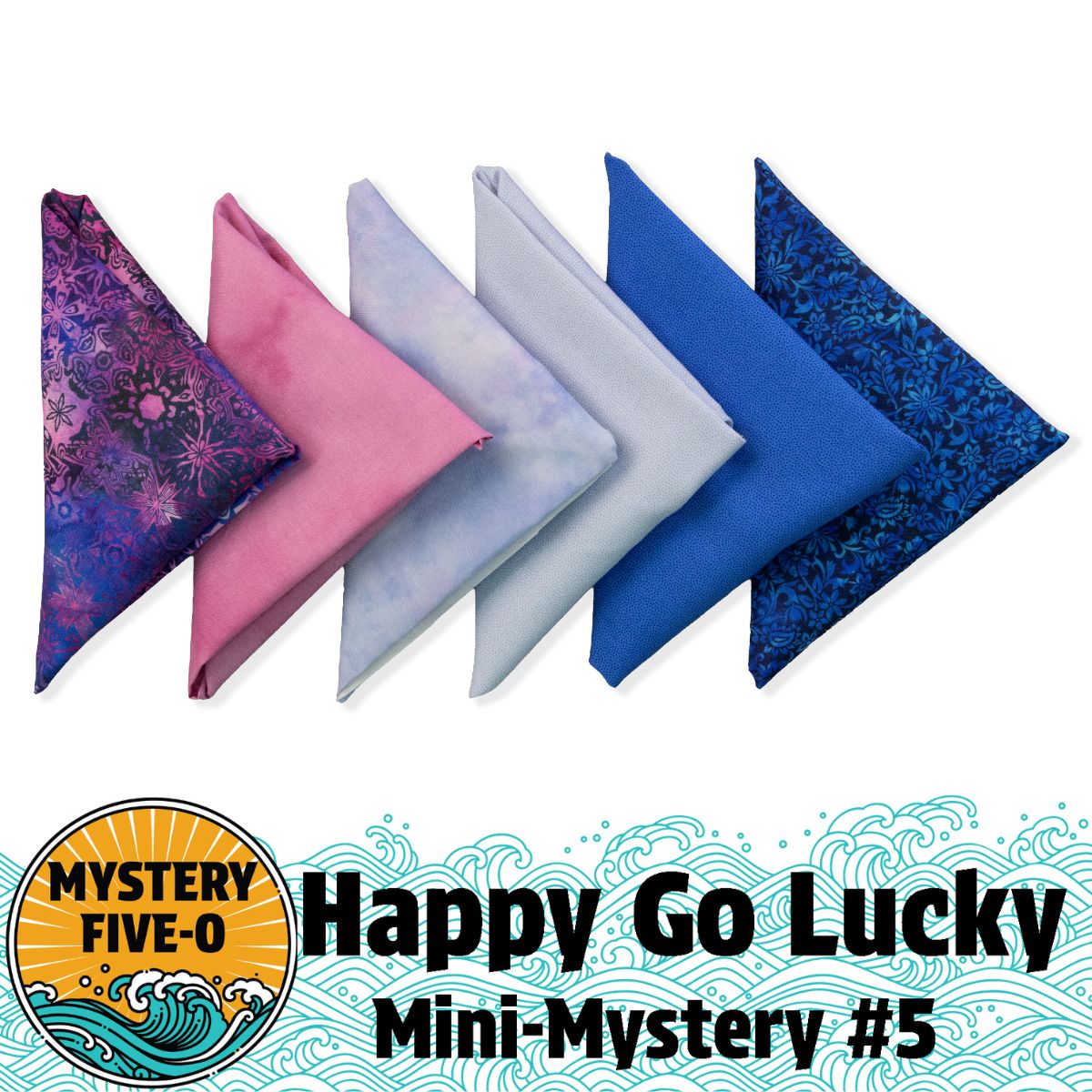 Five fabric triangles in purple, pink, lavender, blue, and navy are arranged in a row. Below is "Mystery Five-0 Pixie Prism 'Happy Go Lucky' Quilt Kit" by Quilted Joy—ideal for the Mystery Five-0 Facebook Group and fat quarter quilt kit fans.