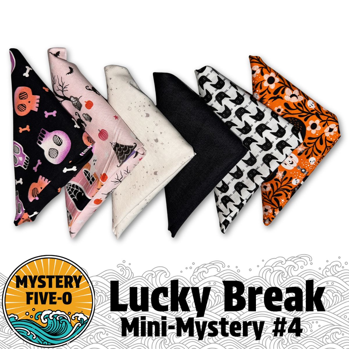 Five folded fat quarters from the Quilted Joy Mystery Five-O Halloween "Lucky Break" Bundle, featuring Halloween patterns in black, pink, white, and orange, are arranged above the "Lucky Break Mini-Mystery #4" and Mystery Five-O logo.