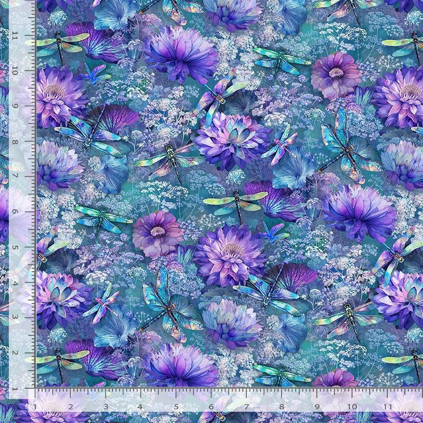 Dragonfly Mist Multi Flying Dragonflies & Floral Fabric Yardage