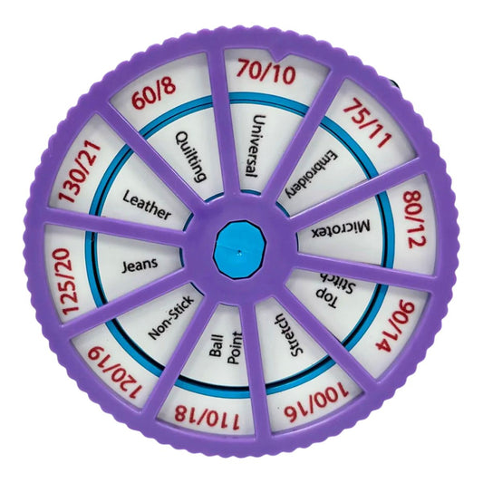 The Needle Noter by Checker Distributor is a circular tracker with a purple rim, displaying labeled sections for needle sizes and types—such as leather, jeans, stretch, embroidery, and more—making it easy to organize your sewing machine needles.