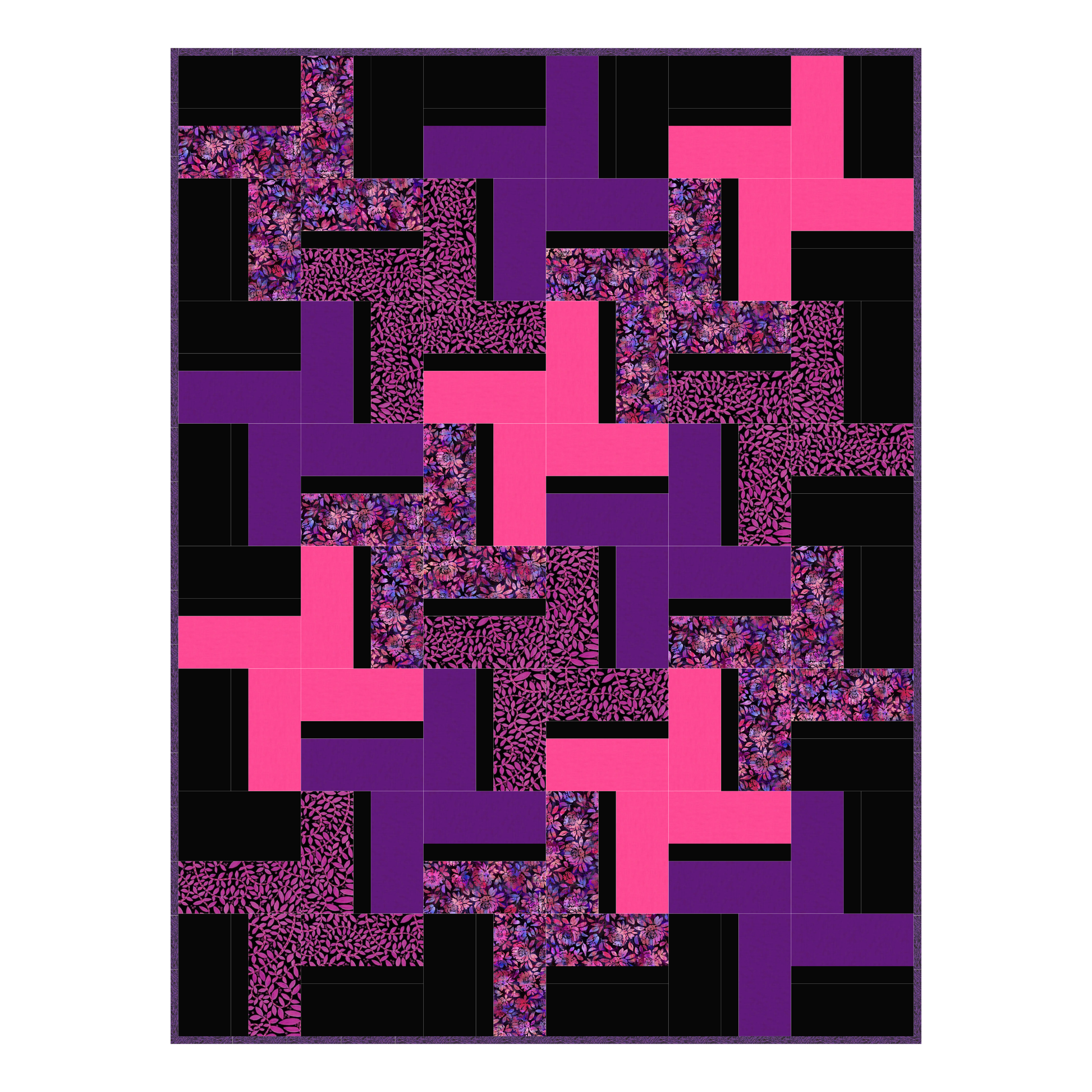 The Neon Night Garden Quilt Kit by Quilted Joy features a modern geometric pattern with interlocking shapes in purple, pink, black, and floral prints for a bold, contemporary look.