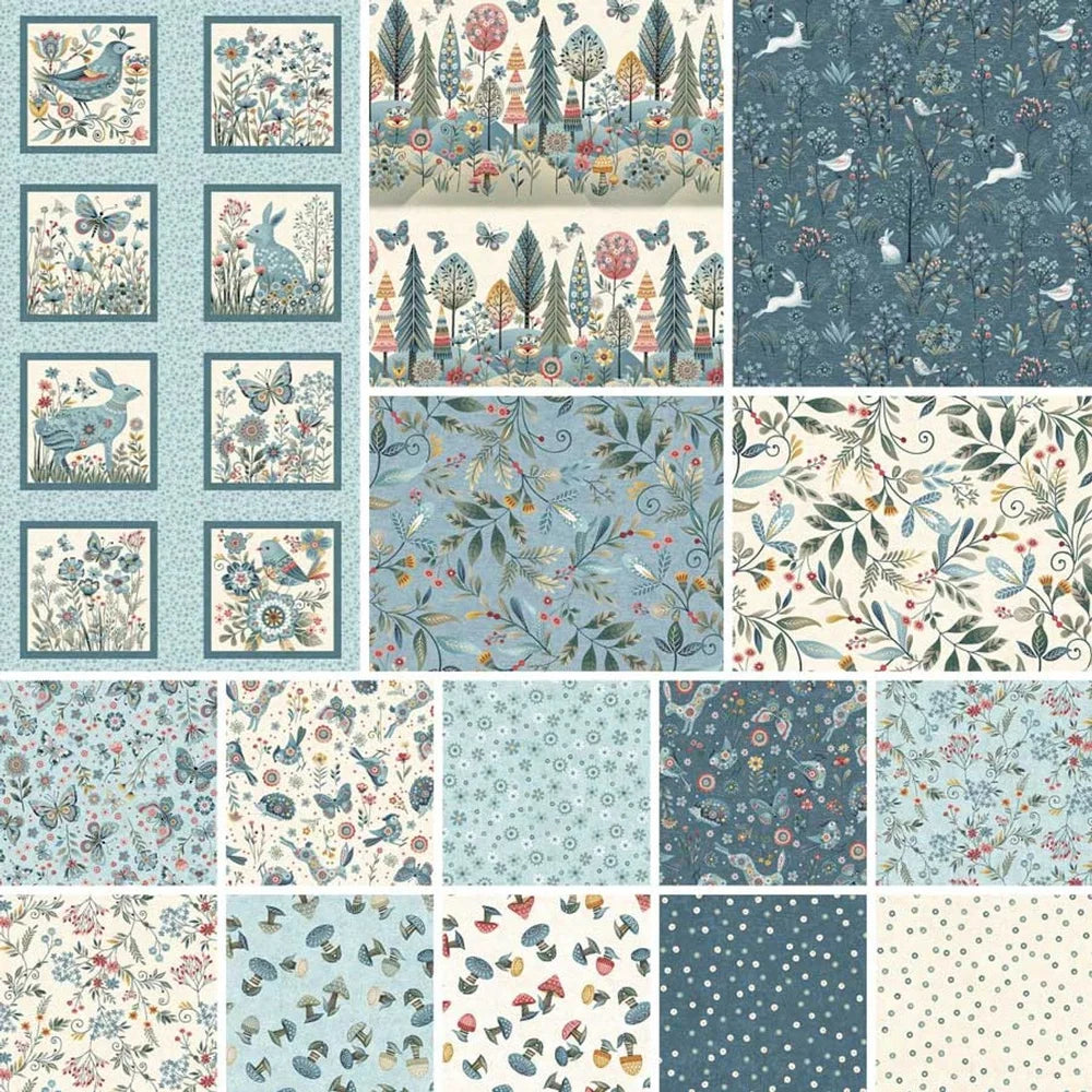 A collage of square fabric swatches in blue, cream, and earth tones with woodland motifs—ideal inspiration for the Charlie "A Norwegian Stroll Quilt Pattern" or any Scandinavian or Norwegian Forest-themed quilt project.