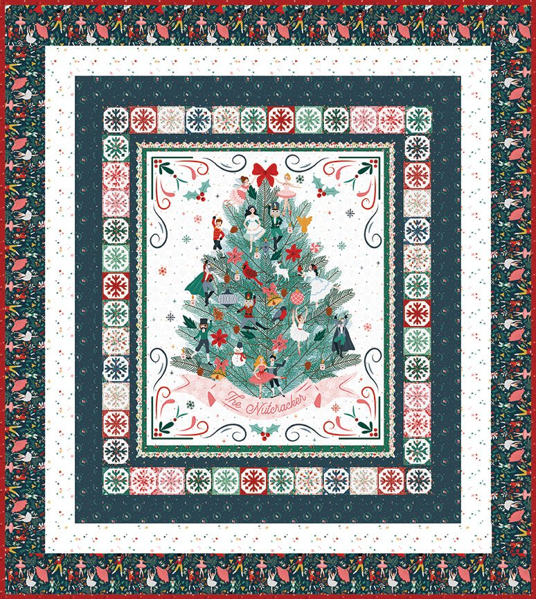 The Nutcracker Tradition Quilt Kit by Quilted Joy features a festive Christmas quilt with a central tree, Nutcracker ballet characters, and borders in green, red, and white. Includes “The Nutcracker” banner—perfect for holiday decorating.