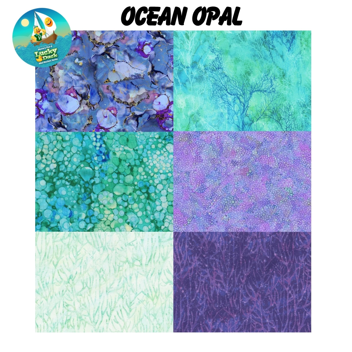 Mystery Five-0 Ocean Opal quilting fabric fan display
