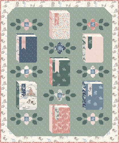 The Riley Blake Novel Idea Quilt Pattern features nine large book shapes in pastel pink, blue, and green, surrounded by decorative borders with small floral and animal motifs—ideal for book lovers.