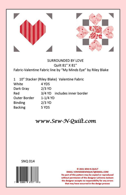 The Surrounded by Love beginner quilt pattern by Riley Blake features two heart-themed quilt blocks, a fabric requirements list, and includes the Sew-N-Quilt website and copyright information.