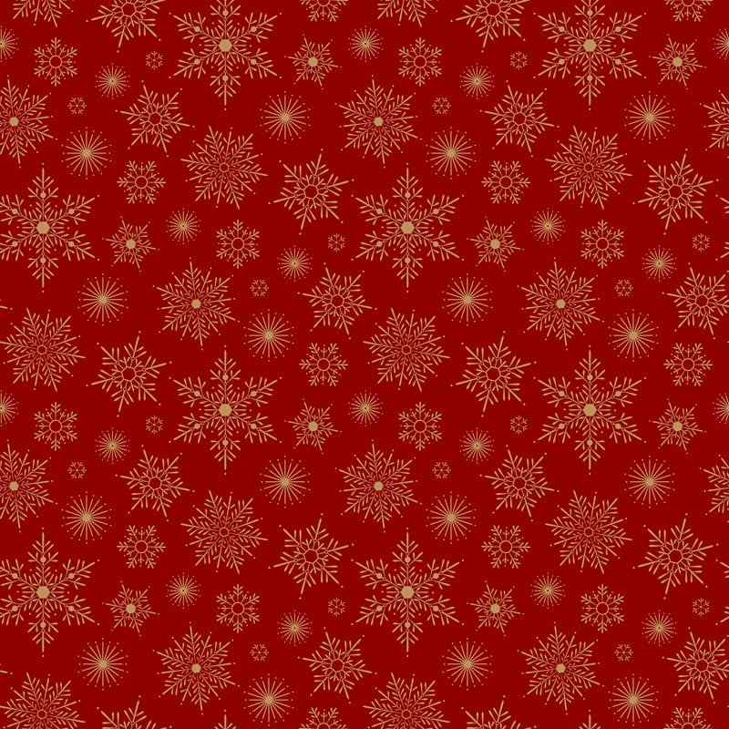 Shimmer Sparkle Gold Metallic Snowflake on Red Fabric Yardage