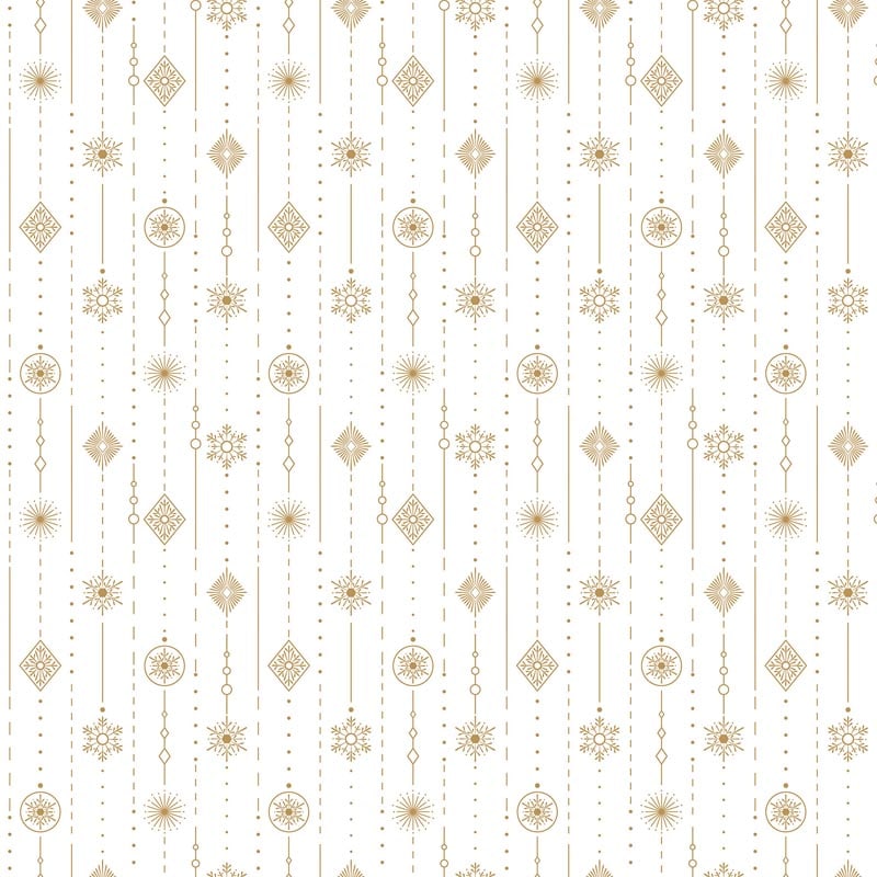 Shimmer Sparkle Gold Metallic Ornaments on White Fabric Yardage